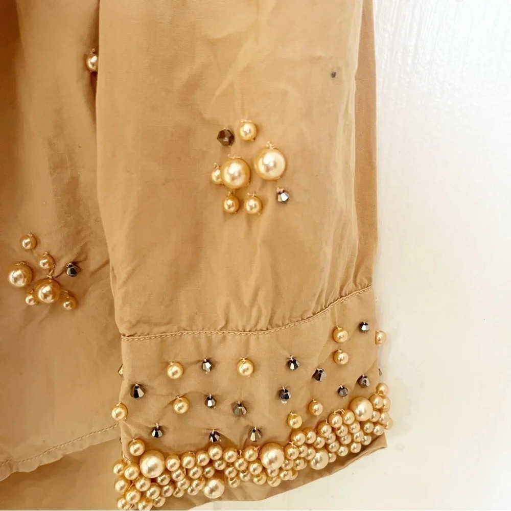 Anthropologie Maeve Bennet Button Shirt Pearl Embellished Art Deco Tan Medium - Picture 3 of 11
